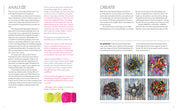 Book pages with text and images of floral arrangements on a wooden surface.