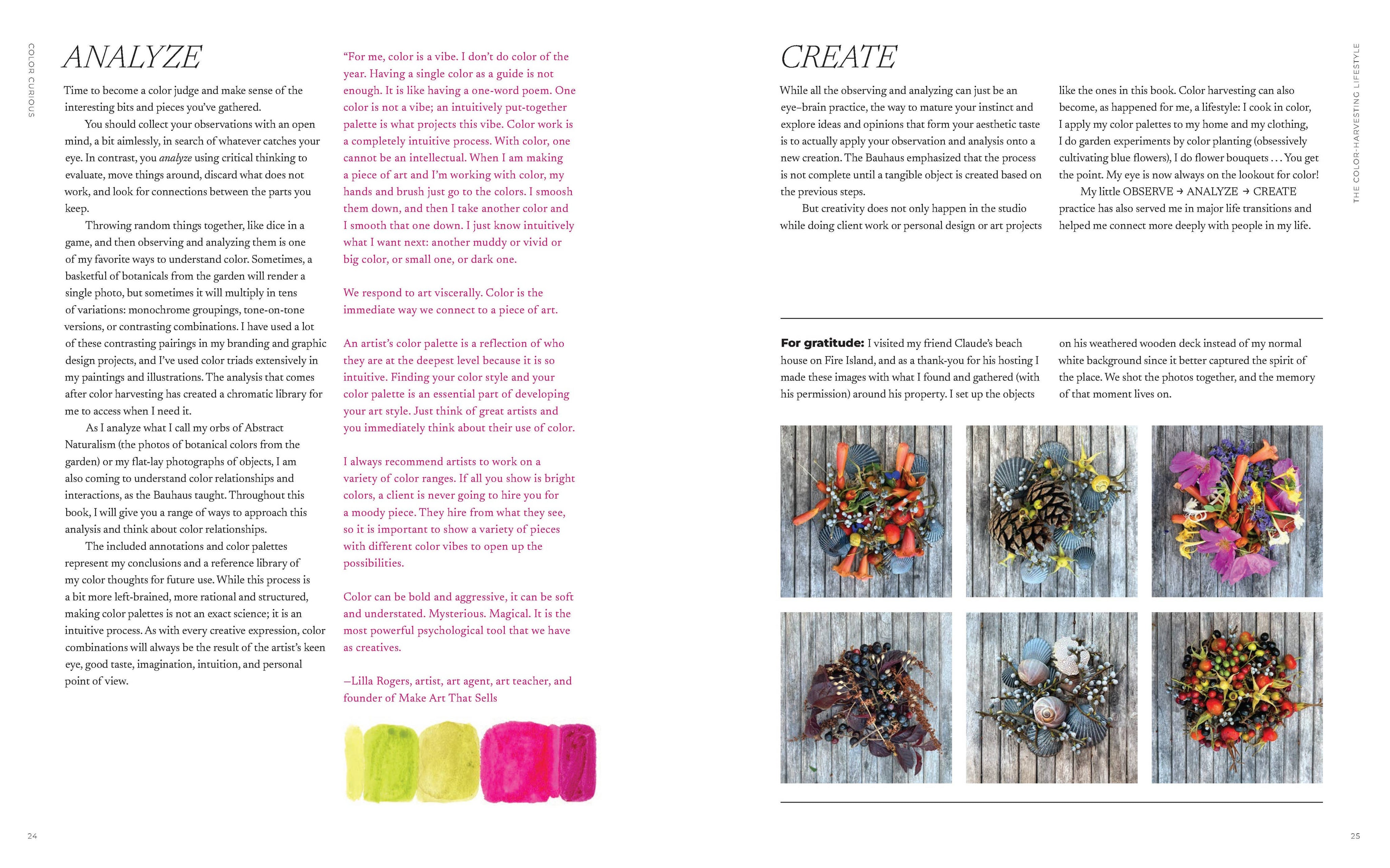 Book pages with text and images of floral arrangements on a wooden surface.