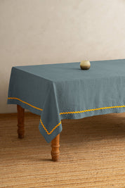 Minimalist Yellow Lace Linen Tablecloth: Aqua Blue or Retro Green