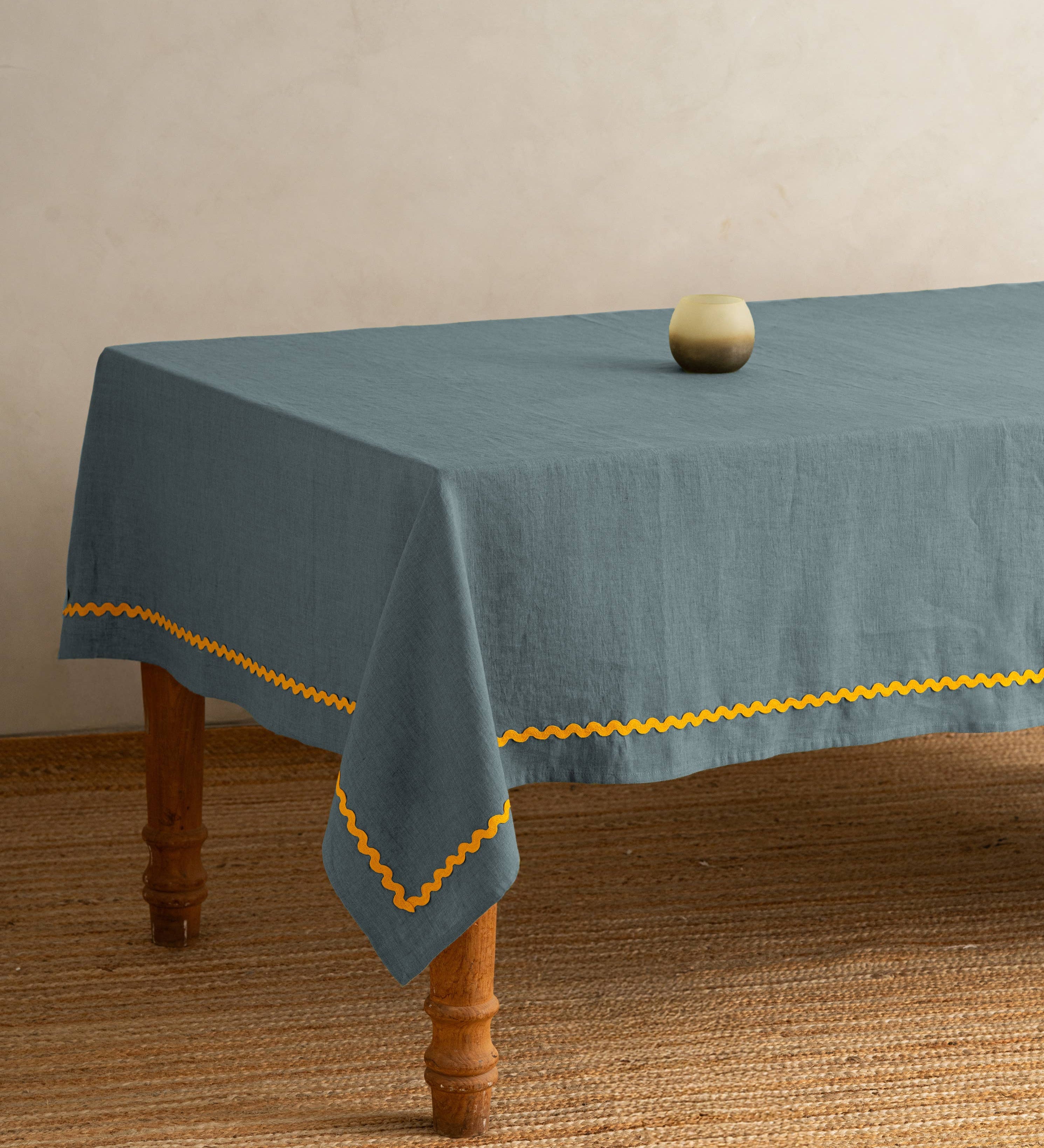 Minimalist Yellow Lace Linen Tablecloth: Aqua Blue or Retro Green