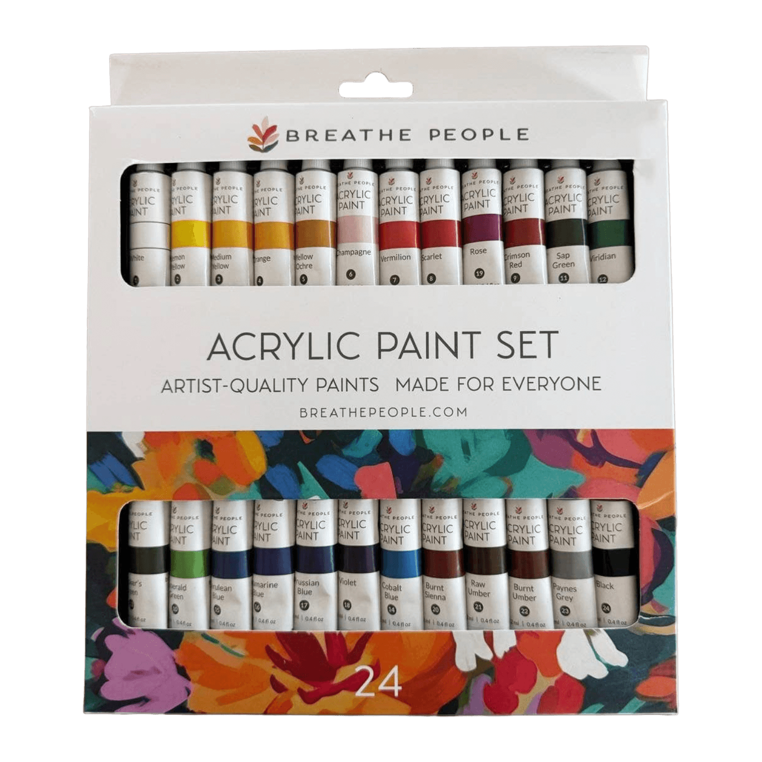 Acrylic paint set packaging with 'Breathe People' branding on a white background