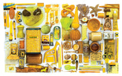 Collection of various yellow items and products on a white background