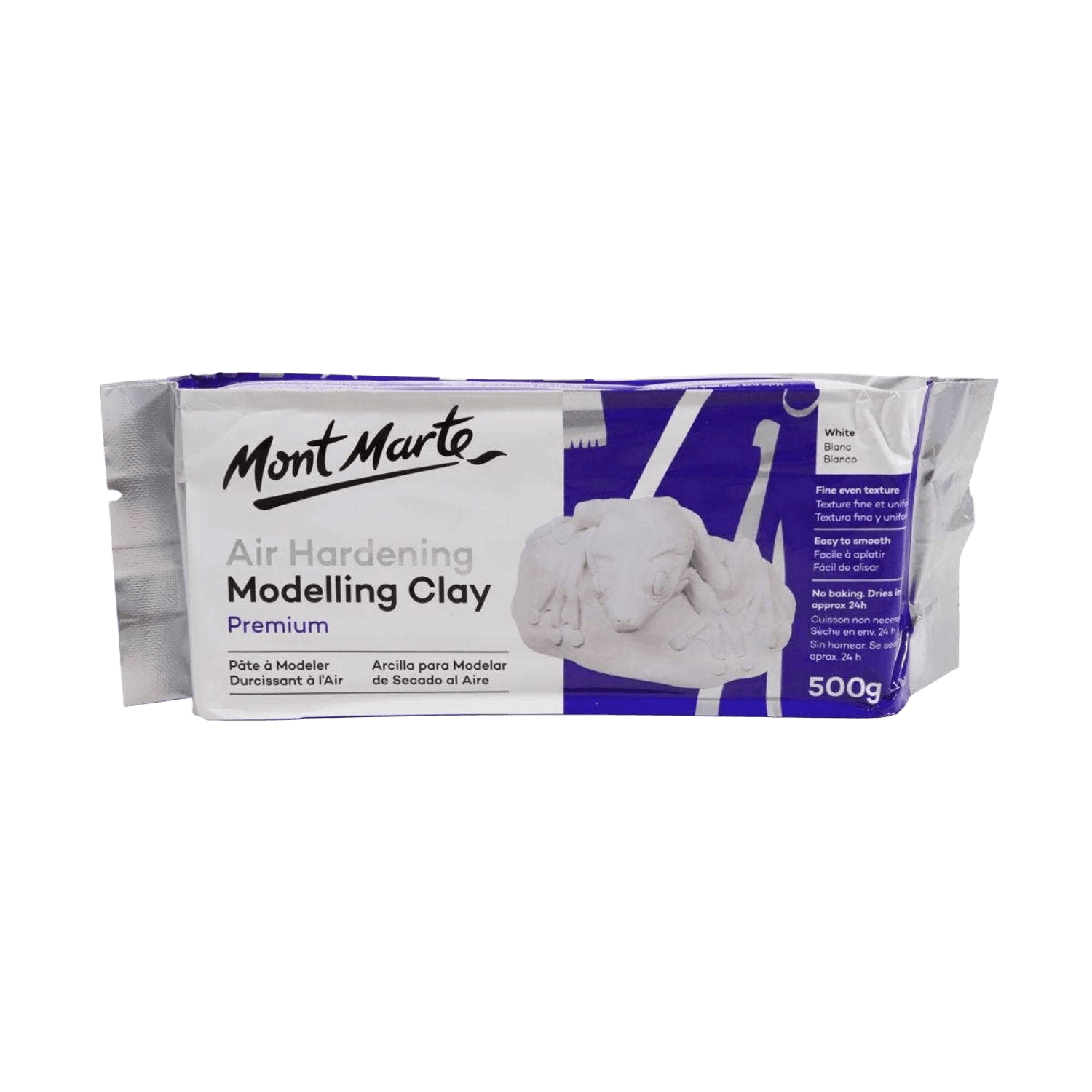 Mont Marte air hardening modelling clay packaging using white, black and purple.