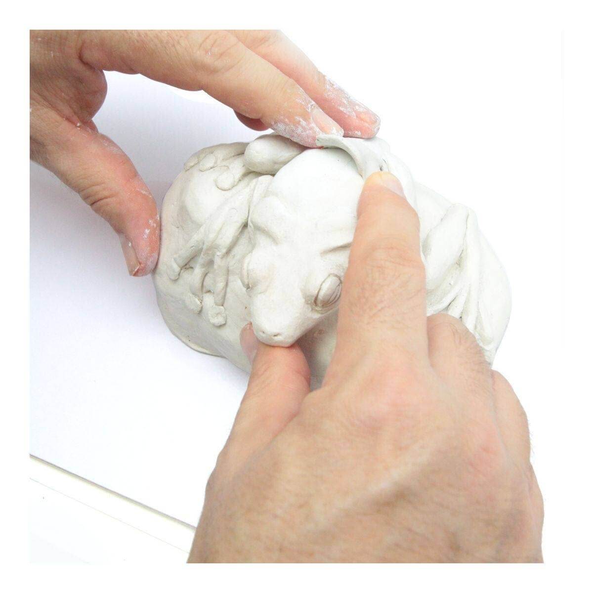 Hands shaping a white clay sculpture of a frog on a white background