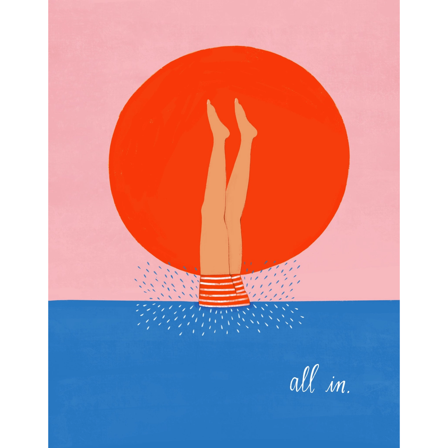Illustration of legs diving into water with a red circle and 'all in.' text on a pink and blue background