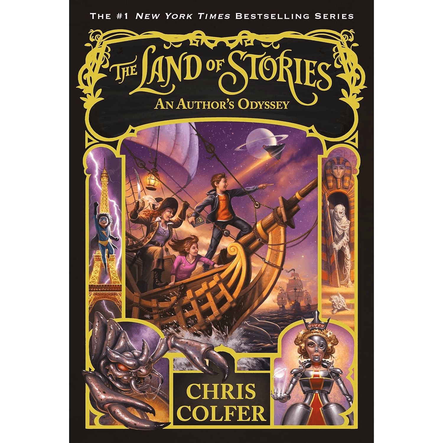 Book cover of 'The Land of Stories: An Author's Odyssey' by Chris Colfer with fantasy elements and characters.
