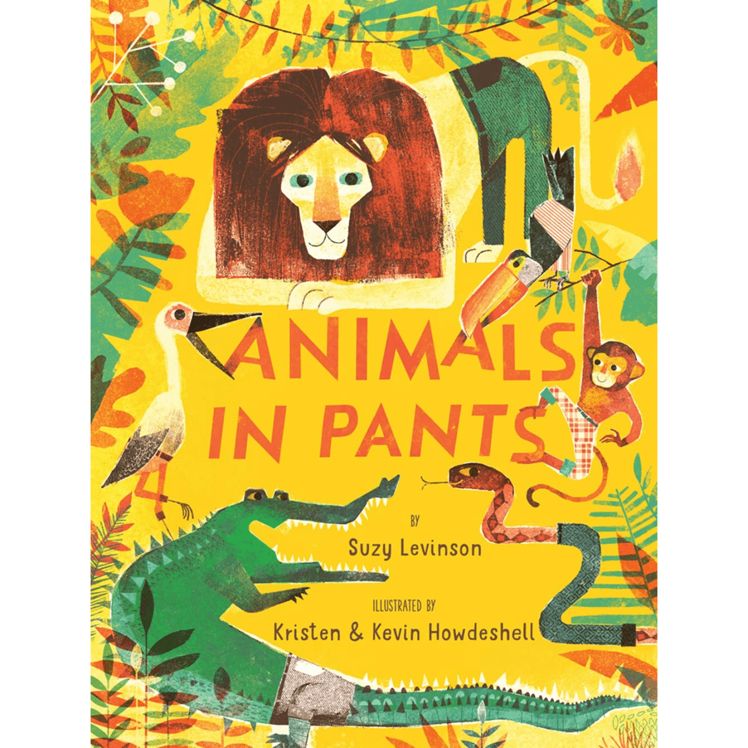 Book cover of 'Animals in Pants' with colorful illustrations of animals on a yellow background.