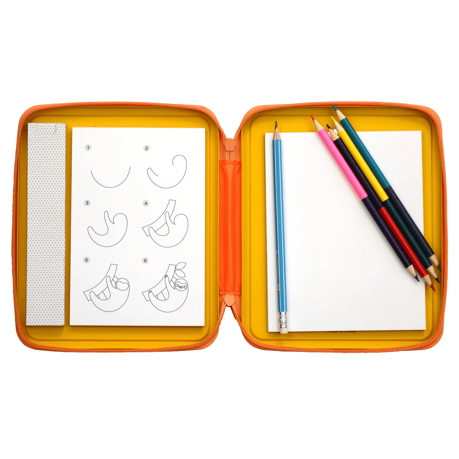 Open orange pencil case with drawing paper and colored pencils.