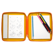 Open orange pencil case with drawing paper and colored pencils.