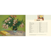Book open to a page with a painting of flowers on the left and a table of contents on the right.