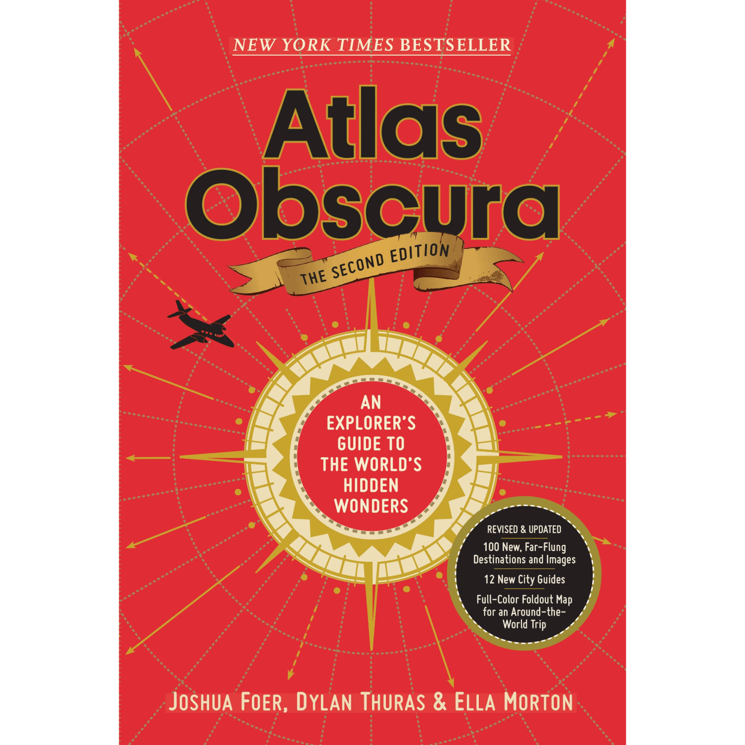 Book cover of 'Atlas Obscura' with red background and gold accents
