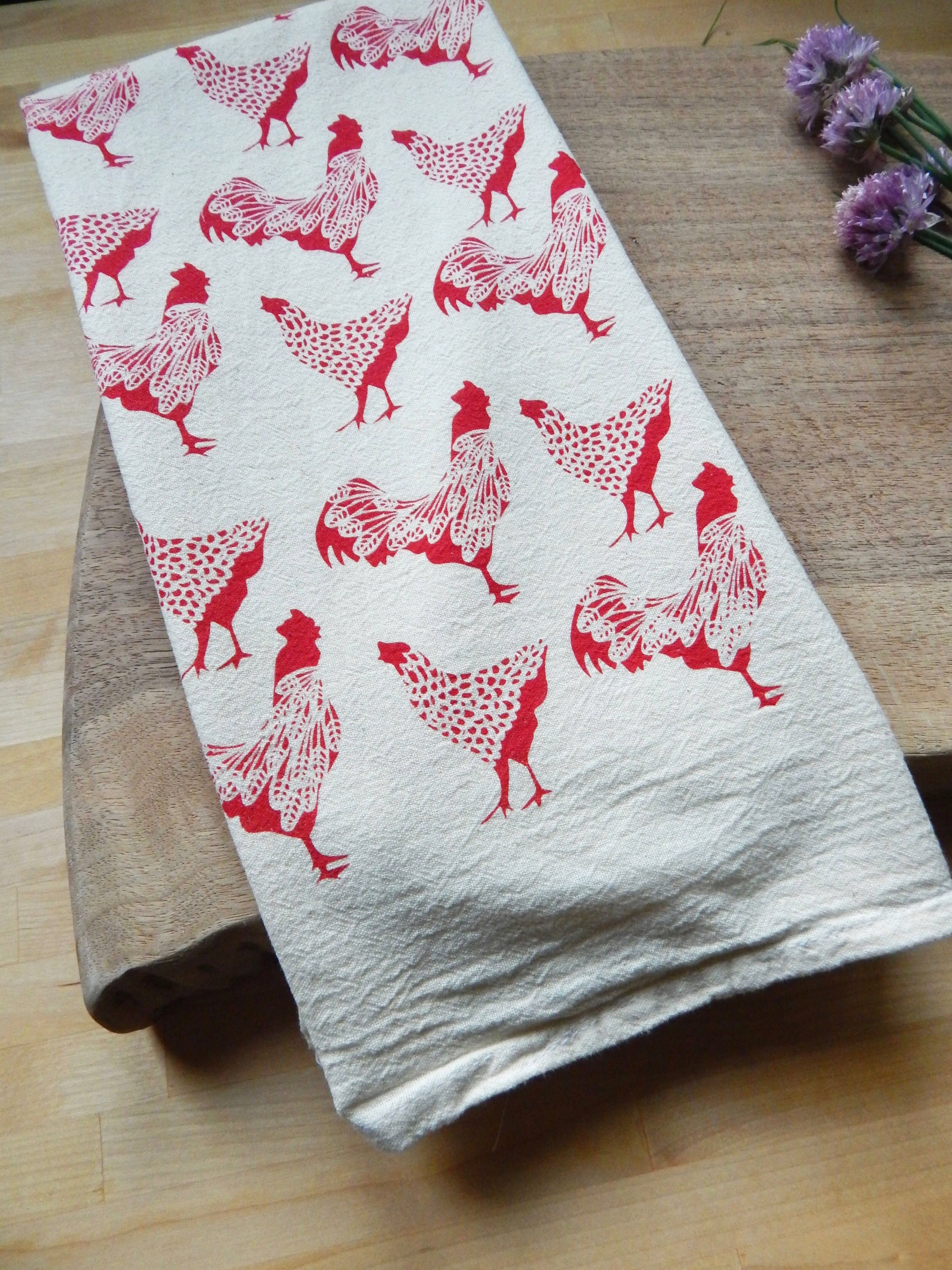 Rooster Handprinted Kitchen Tea Towel: Red on Natural