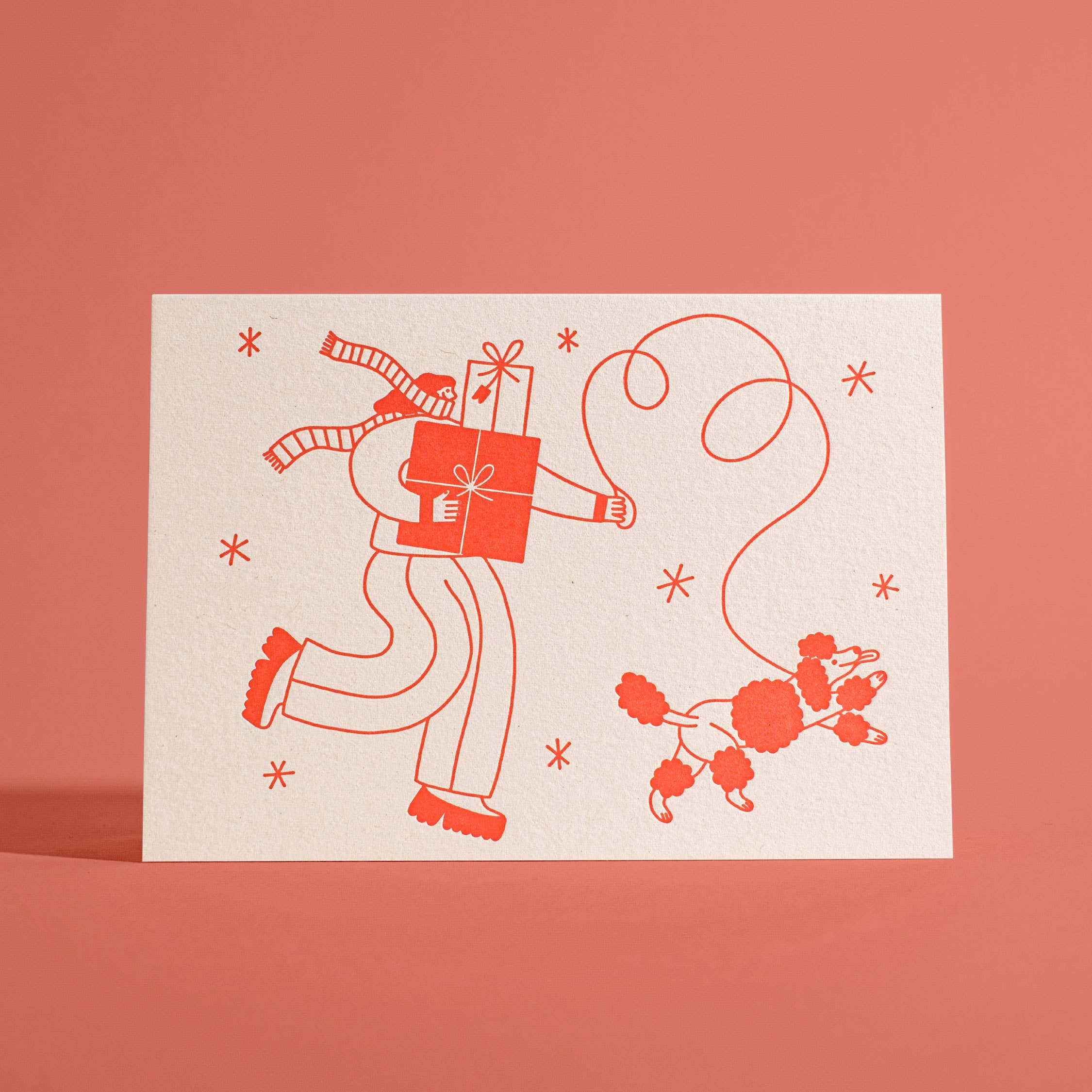 Winter Babe Walking Dog Letterpress Greeting Card