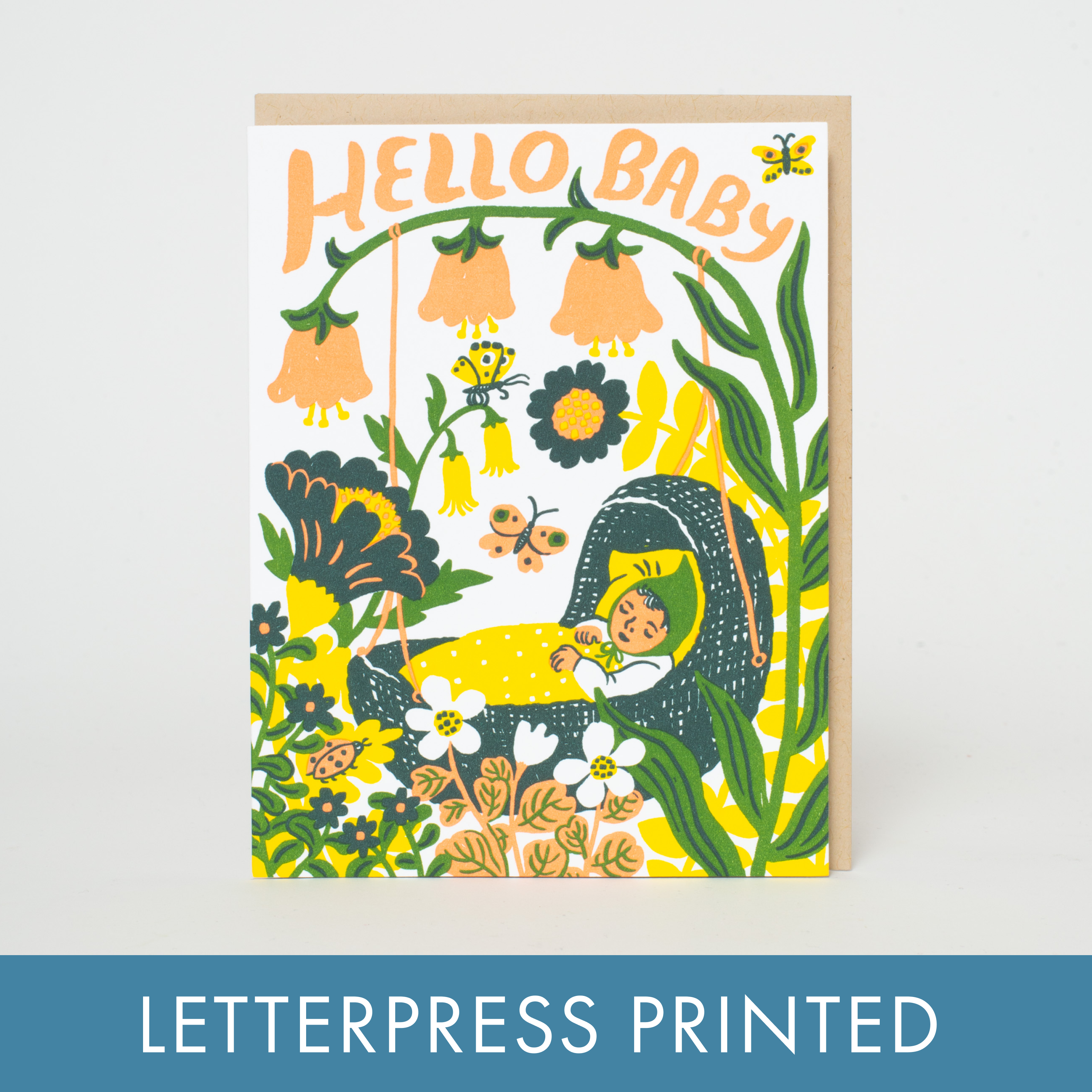 Hello Baby Bassinet (Yellow) Letterpress Greeting Card