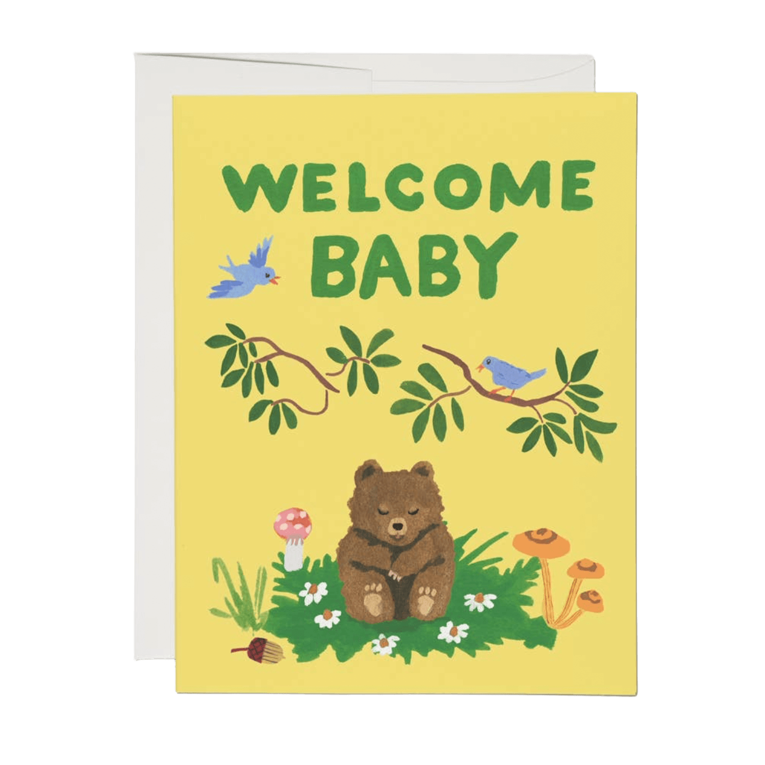 Greeting card with a bear illustration and 'Welcome Baby' text on a yellow background