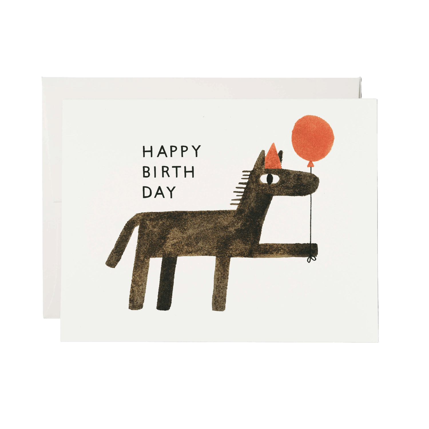 A rectangle birthday card with a white front and a matching white envelope behind it. The card features a stylized dark brown horse holding an orange balloon, with the text 'HAPPY BIRTH DAY' printed on the left.