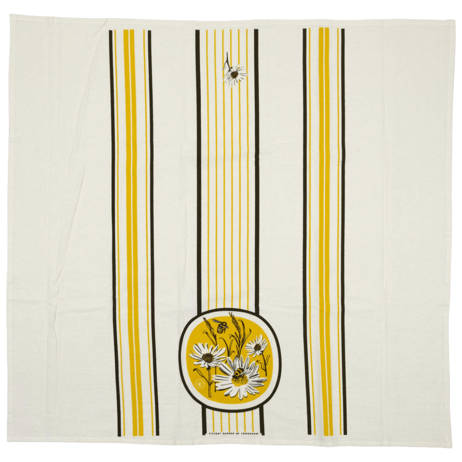Beige floursack towel with yellow and black stripes and floral design.
