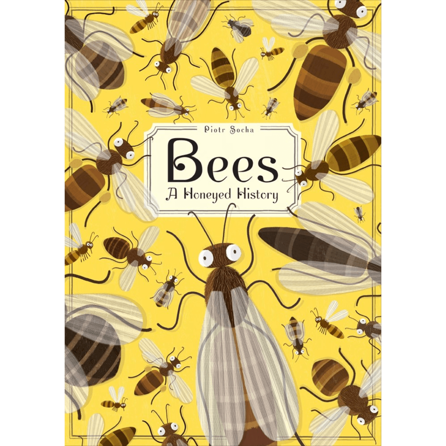 Book cover of 'Bees: A Honeyed History' with illustrations of bees on a yellow background.