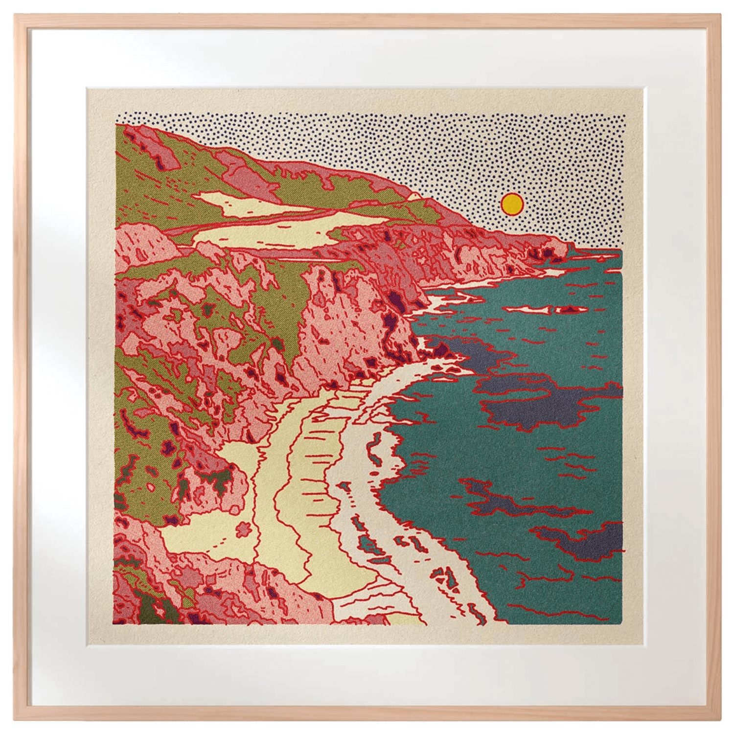 Framed artwork of a coastal landscape with cliffs and ocean.