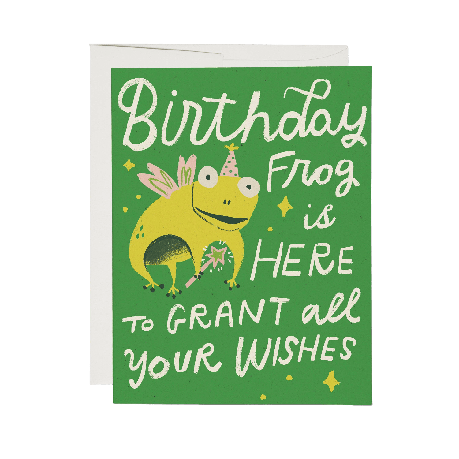 A green greeting card with a whimsical illustration of a yellow frog wearing a party hat and the text 'Birthday Frog is HERE TO GRANT all YOUR WISHES', shown with a white envelope behind it on a light gray background.
