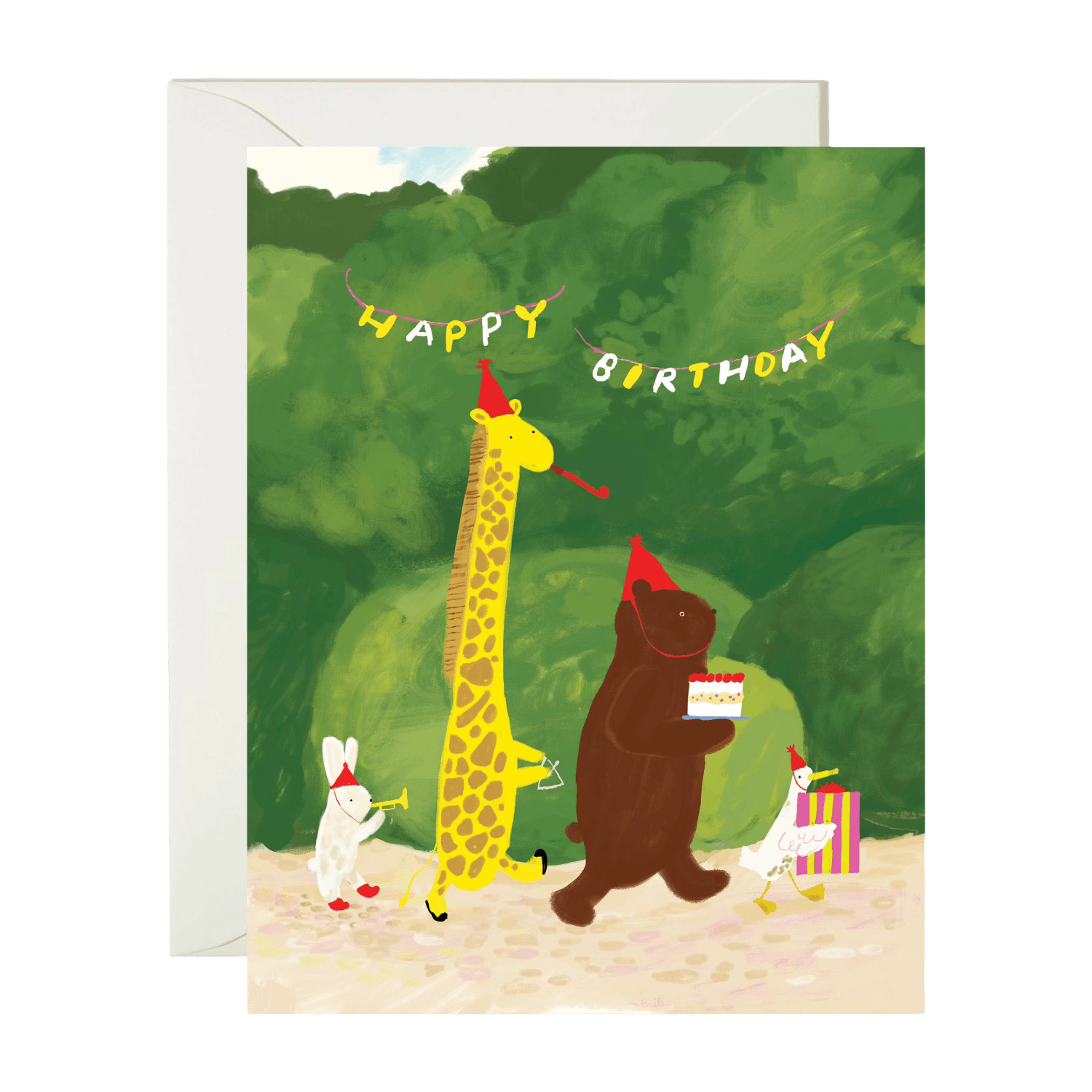 Birthday card with animals celebrating a birthday against a green background