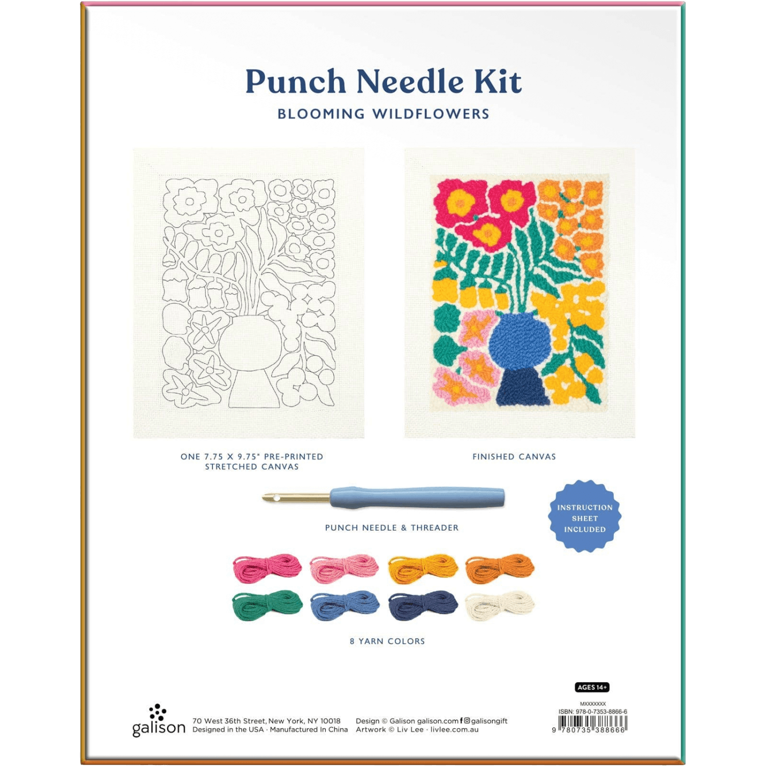 Punch needle kit packaging with floral design and tools on a white background