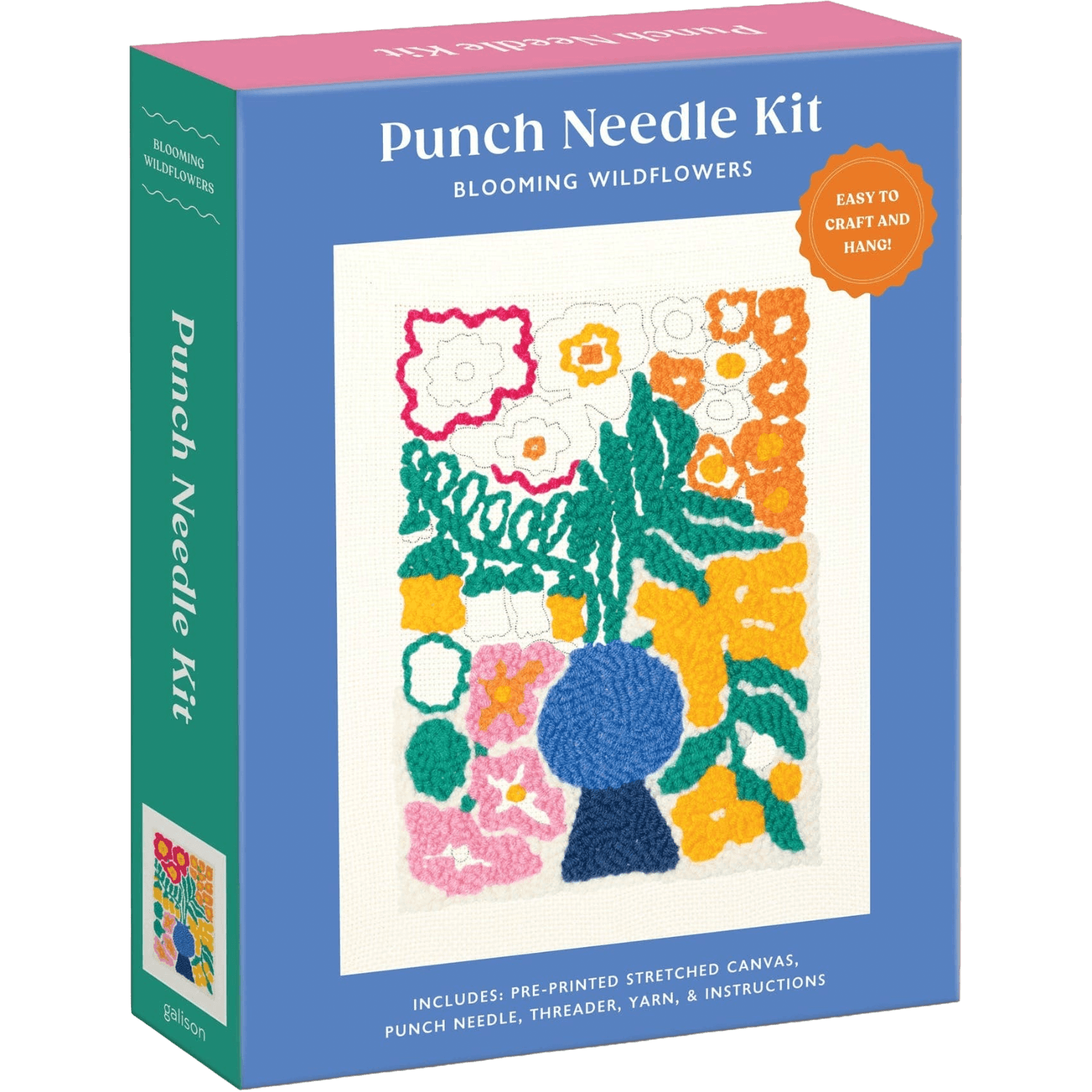 Punch needle kit packaging with floral design on a blue background