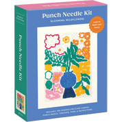 Punch needle kit packaging with floral design on a blue background