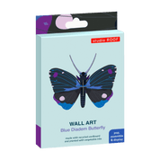 Packaged wall art of a blue diadem butterfly with 'studio ROOF' branding on a light blue background.