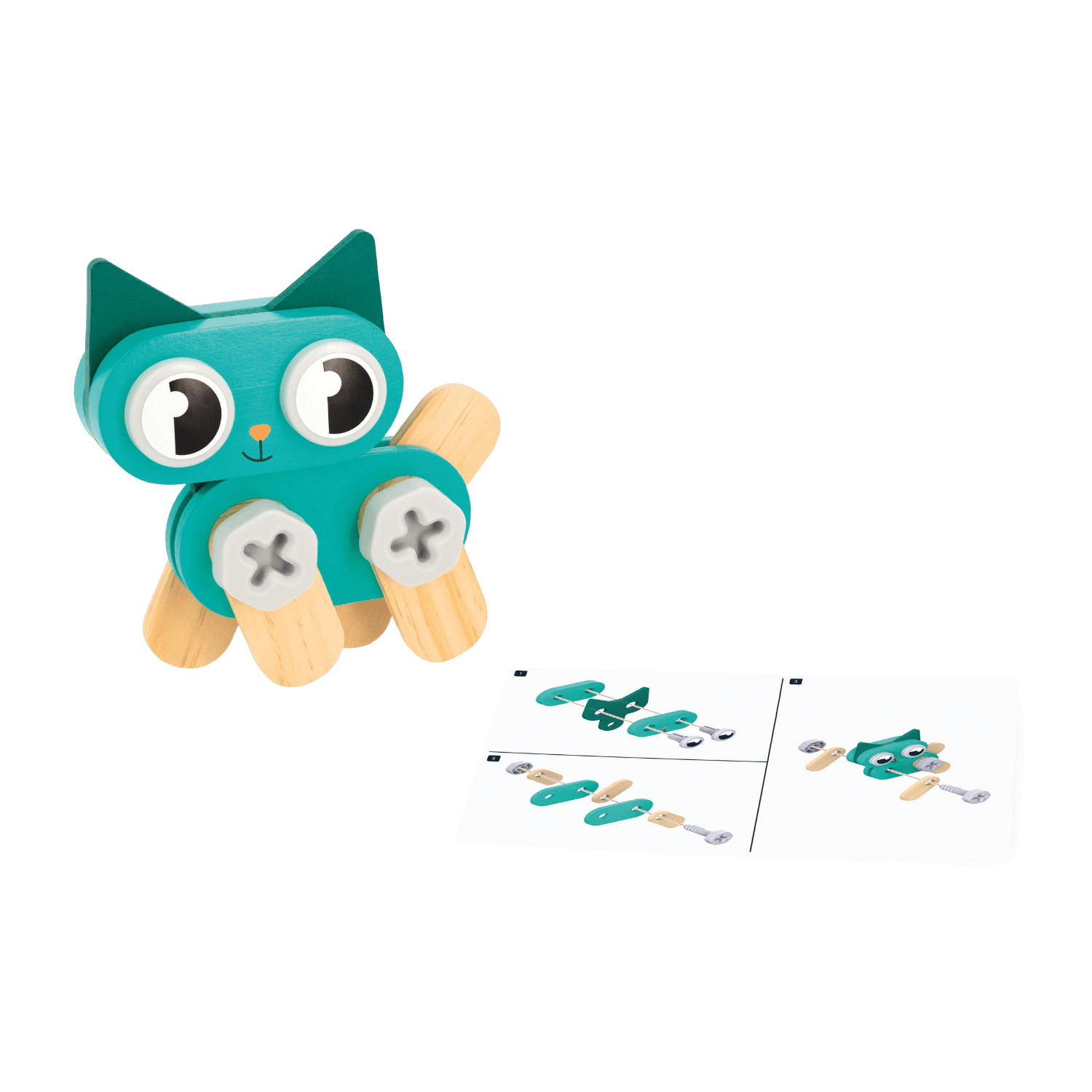 Toy figure of a cat with wooden legs and a illustrated card.
