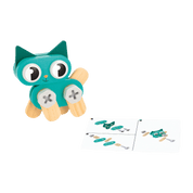 Toy figure of a cat with wooden legs and a illustrated card.