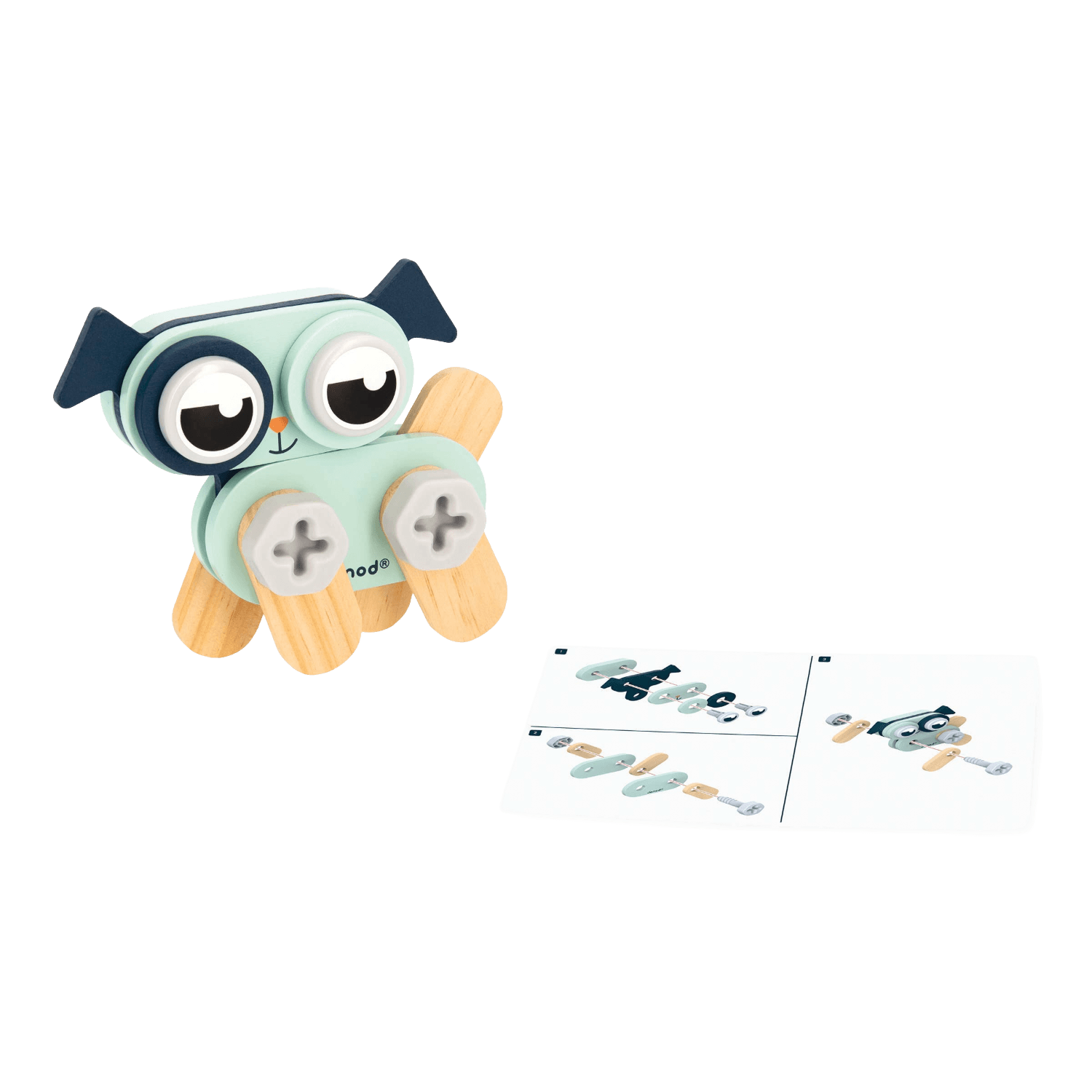 Toy dog with interchangeable parts and an illustrated card