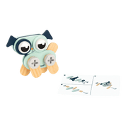 Toy dog with interchangeable parts and an illustrated card