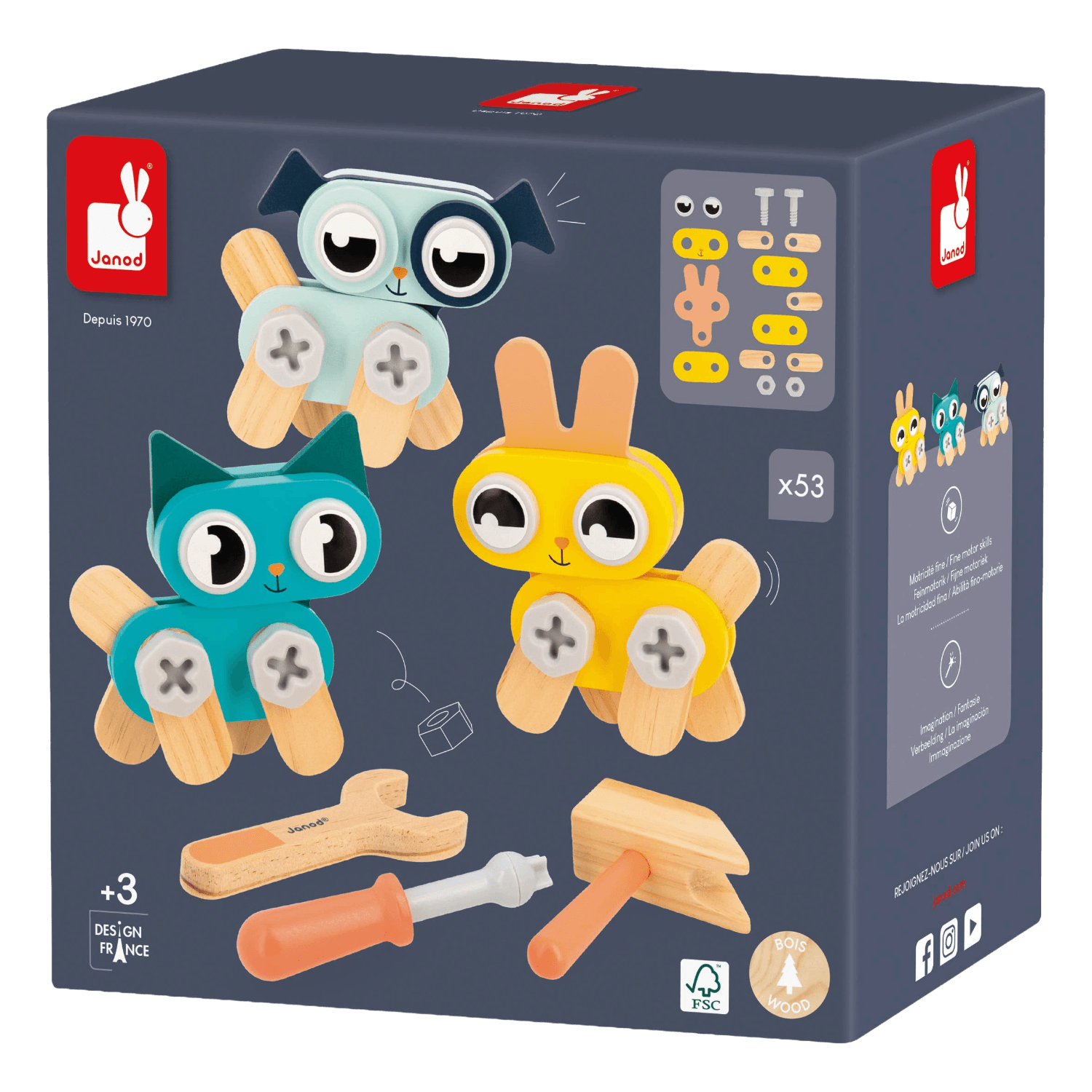 Box of wooden toy tools with cartoon animal characters on a dark background