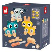 Box of wooden toy tools with cartoon animal characters on a dark background