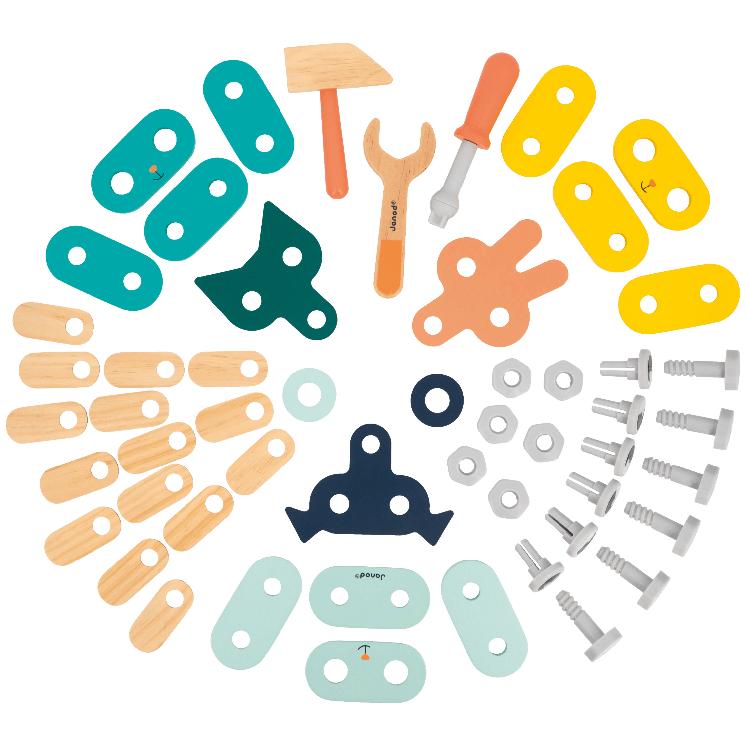 Colorful toy tools and hardware items arranged in a circular pattern.