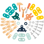 Colorful toy tools and hardware items arranged in a circular pattern.