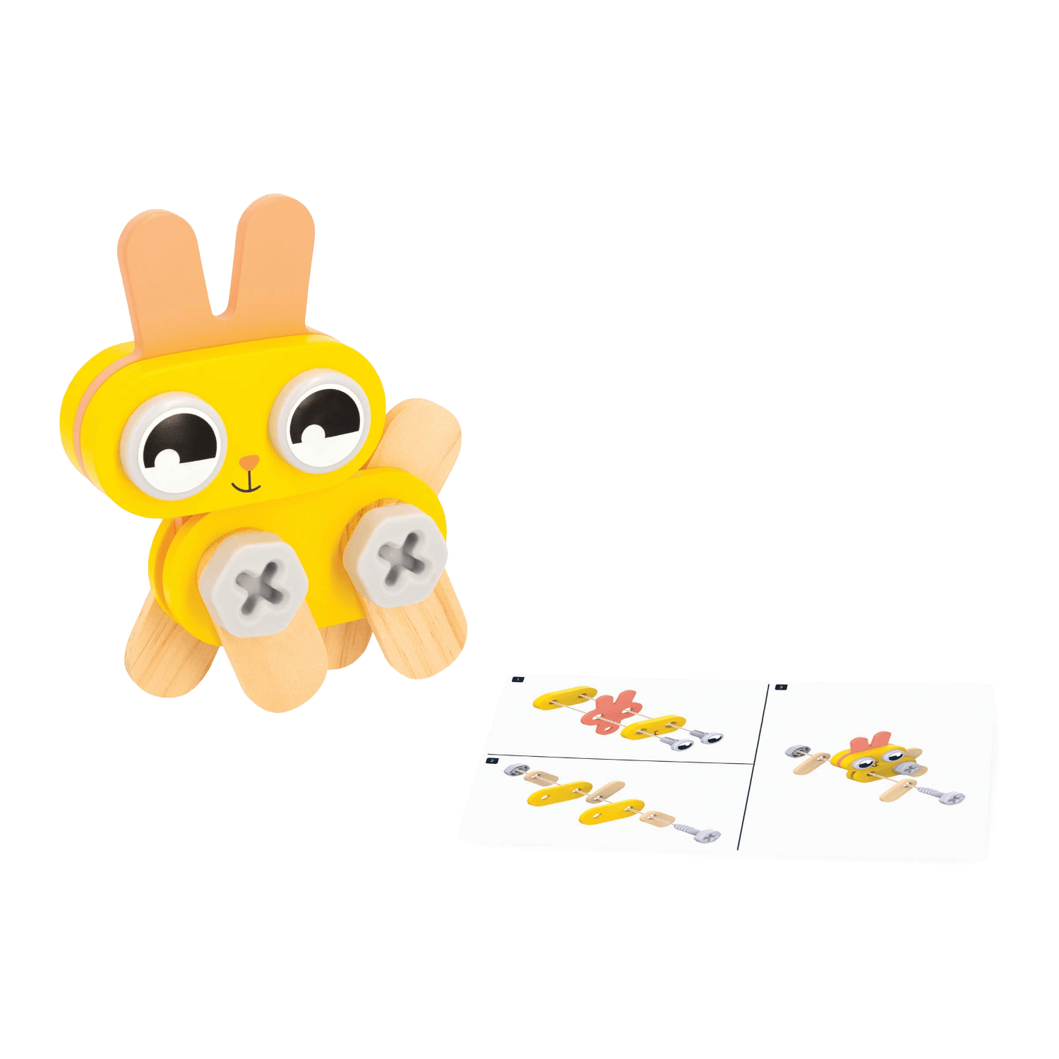 Yellow animal toy with wooden components and an instruction card.