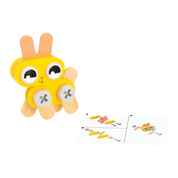Yellow animal toy with wooden components and an instruction card.