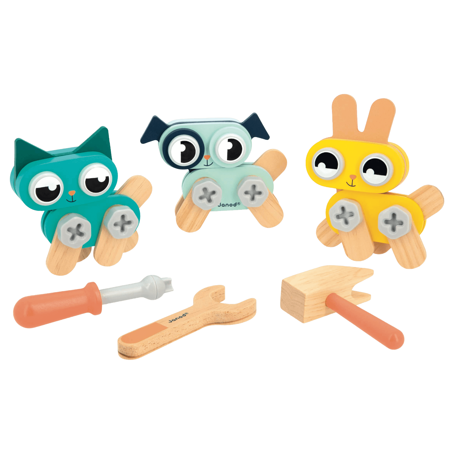 Toy tool set and wooden animals