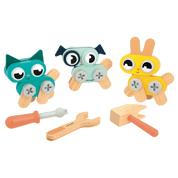 Toy tool set and wooden animals