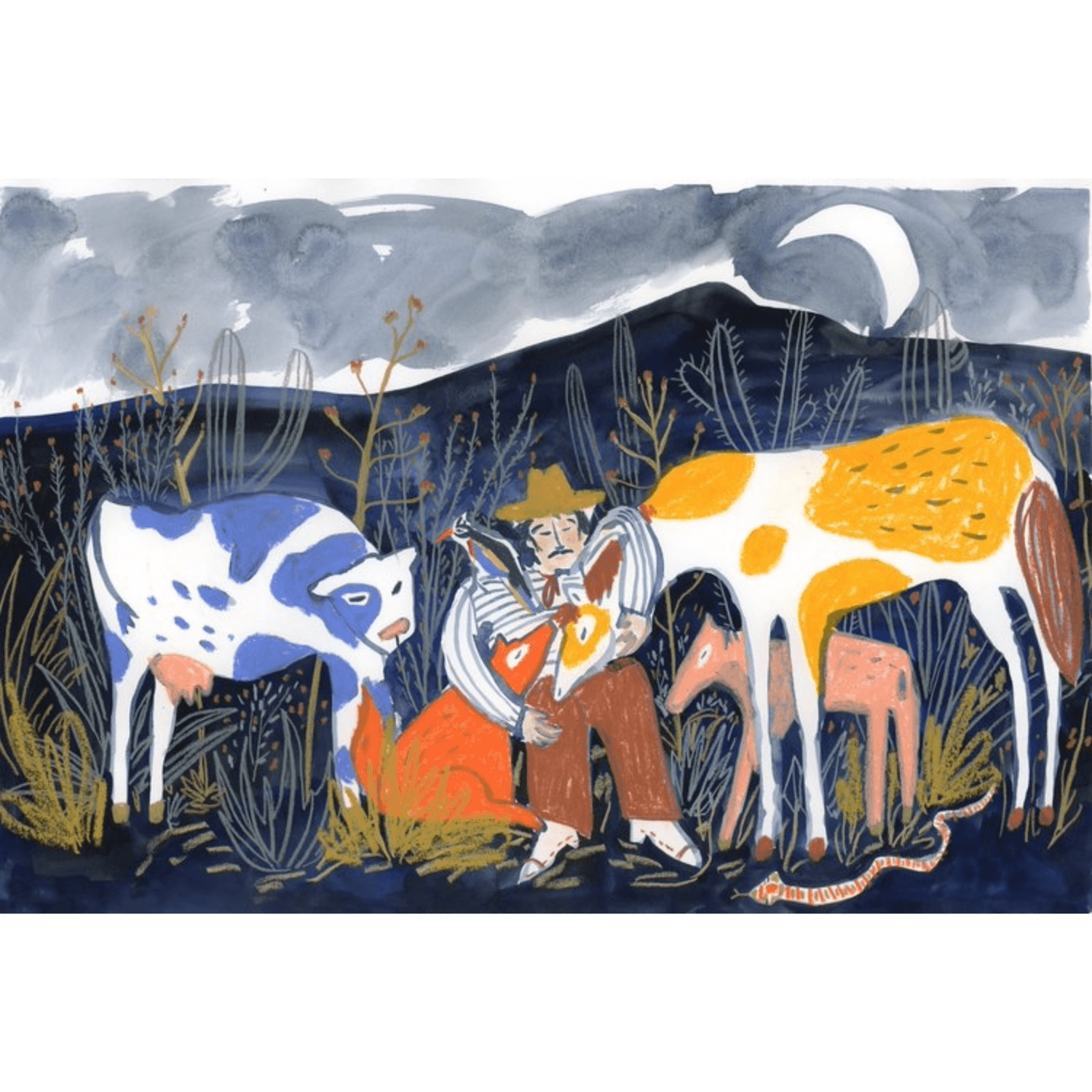 Illustration of a cowboy hugging a variety of animals including a horse and cow in a desert landscape with a crescent moon above.