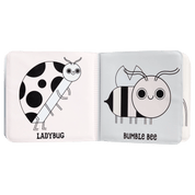 Open book showing illustrations of a ladybug and a bumble bee on white pages.