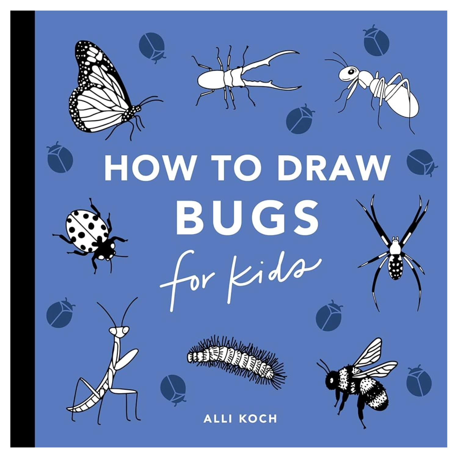 A book cover of 'How to Draw Bugs for Kids' by Alli Koch with black and white illustrations of various insects on a blue background and black binding.