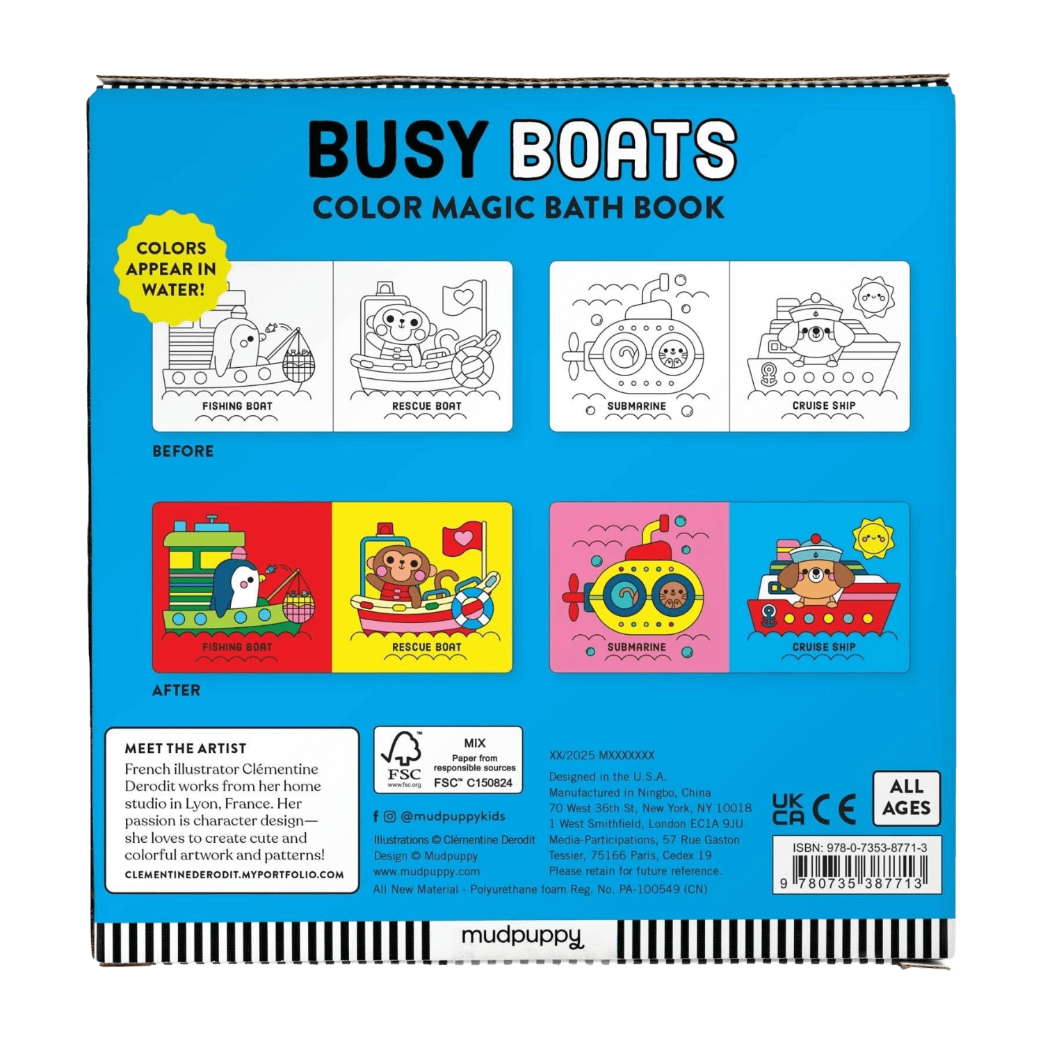 Color magic bath book titled 'Busy Boats' by Mudpuppy with illustrations of boats and color changes.