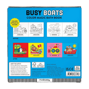 Color magic bath book titled 'Busy Boats' by Mudpuppy with illustrations of boats and color changes.