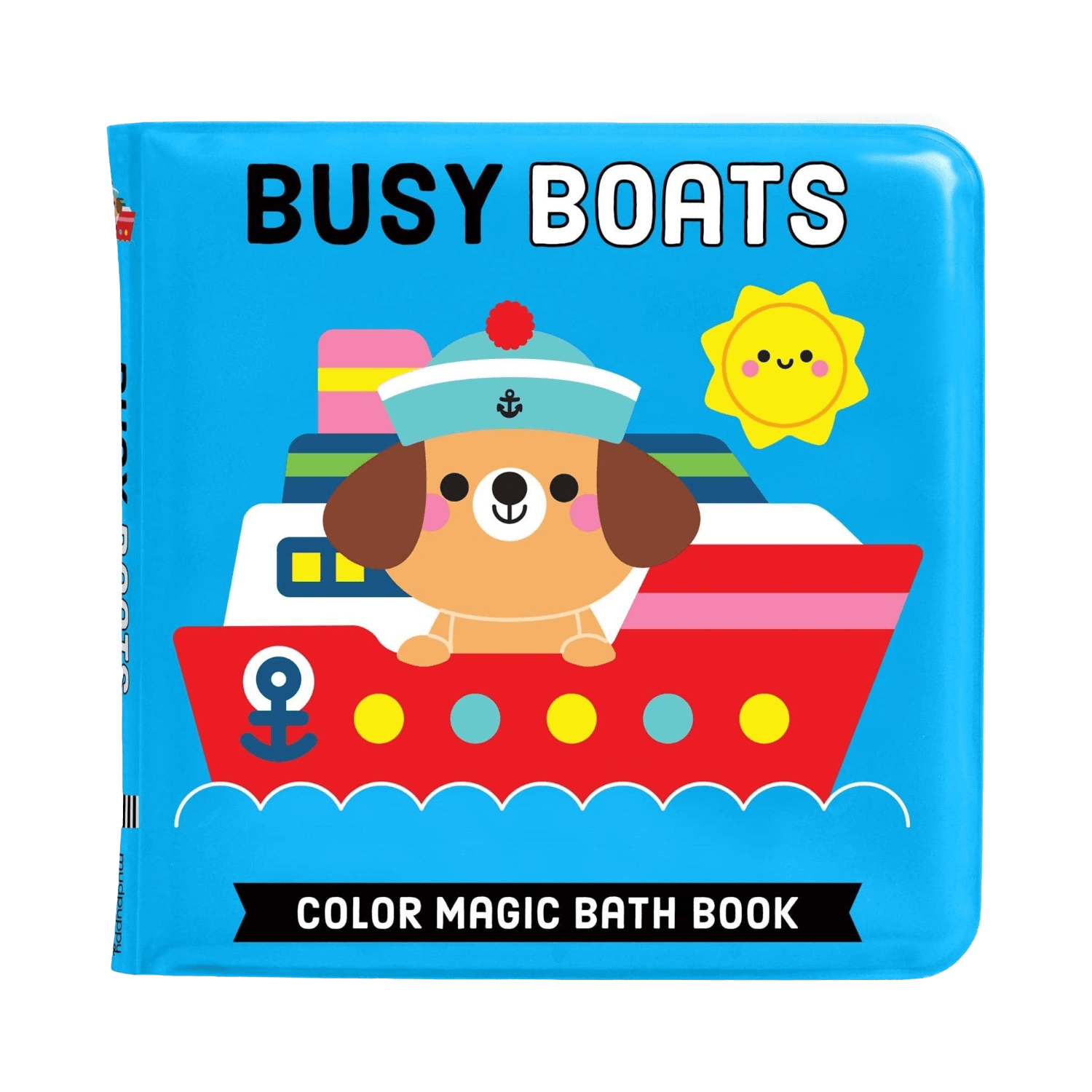 Colorful bath book titled 'Busy Boats' with a dog on a boat illustration.