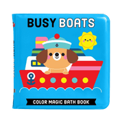 Colorful bath book titled 'Busy Boats' with a dog on a boat illustration.