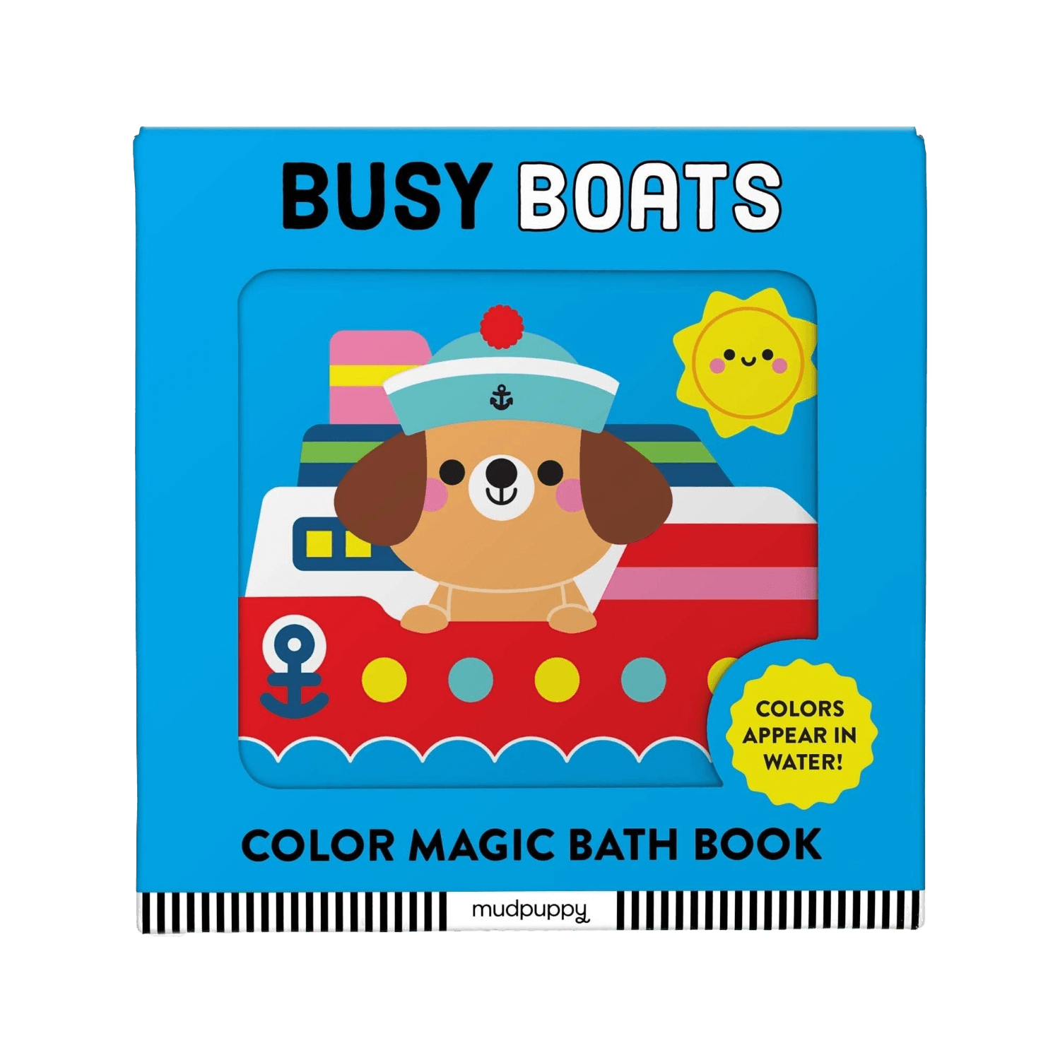 Color magic bath book titled 'Busy Boats' with a dog character on a boat, featuring Mudpuppy branding.