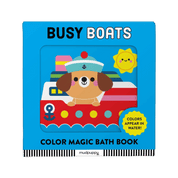 Color magic bath book titled 'Busy Boats' with a dog character on a boat, featuring Mudpuppy branding.